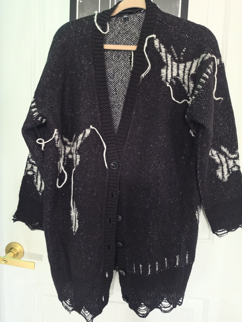 torrid Black Distressed Open-Front Cardigan with Cream Accents